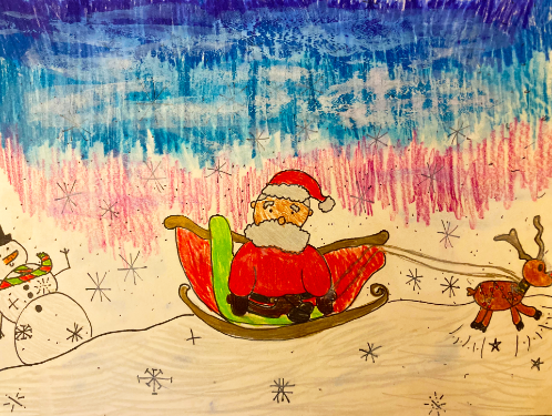 Childrens drawing of Santa's sleigh being pulled by a reindeer and a snowman behind it. 